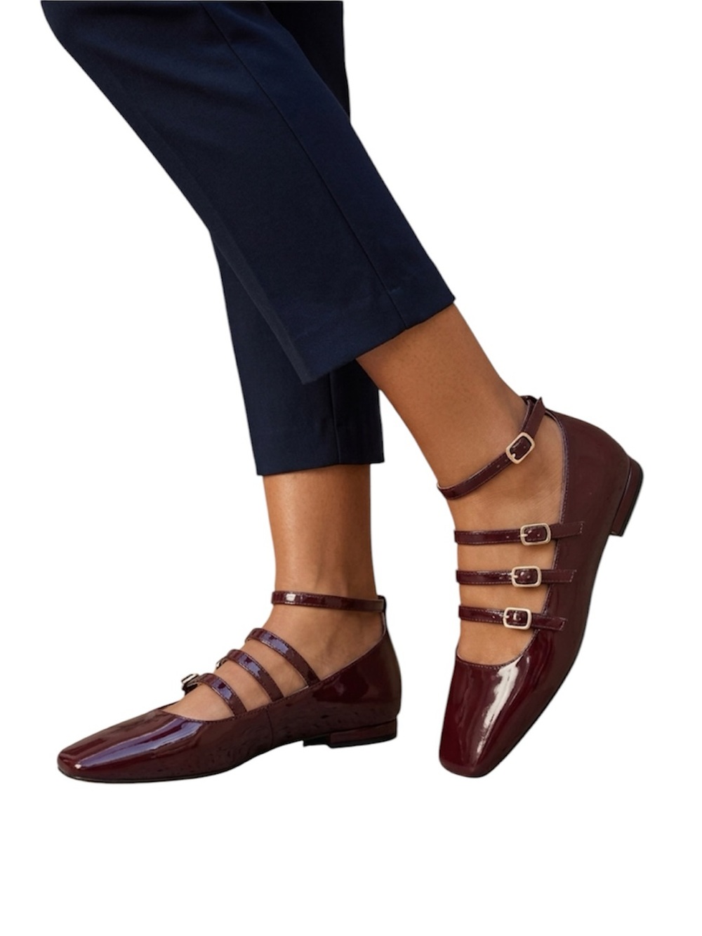 Patent Leather Triple-Strap Mary Jane Flats - Burgundy Size: 5 1/2